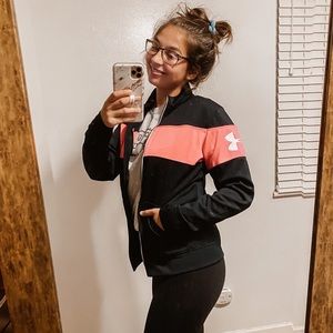(under armour) black zip up jacket w/pink stripe